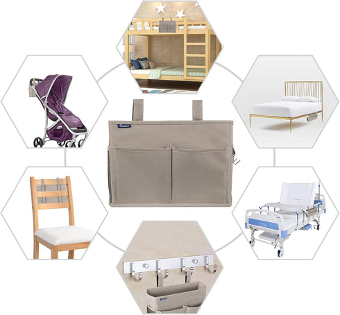 Surblue Bedside Caddy Hanging Organizer Storage Bag for Bunk and Hospital Beds, 4 Pockets and 2 Hooks (Gray)