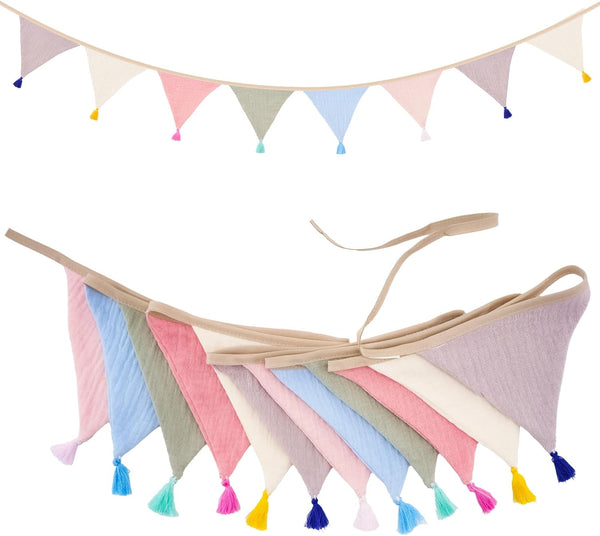Pre-Strung Cotton Fabric Bunting Banner, 9Ft Morandi Triangle Pennant Banner Flag, Double-Sided