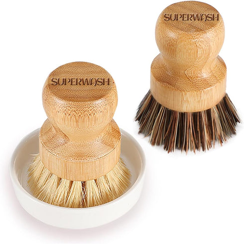 Bamboo Dish Brush with Ceramic Dish, Natural Bristle Palm Brush Pot Scrubber for Kitchen Sink, Cast Iron Pans - 2 Pack