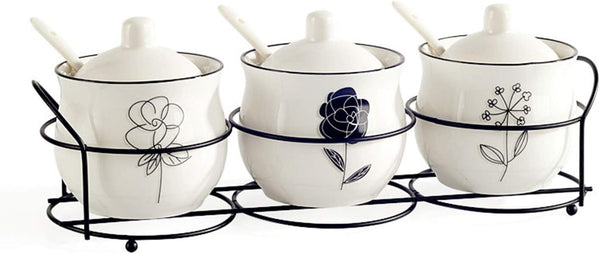 Ceramic Spice & sugar Jars, with Lids Spoons and Shelf,Porcelain Condiment Kitchen