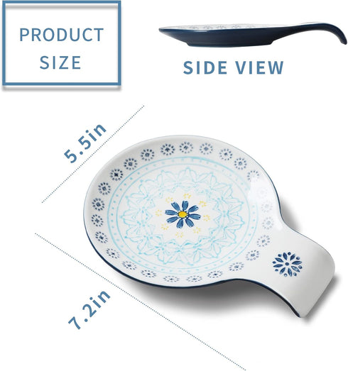 Hand Painted 5.5" Ceramic Spoon Rest, Blue Pattern Utensil Holder for Stove Top, Great Cooking Gifts