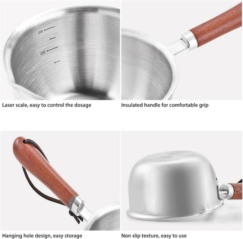 Stainless Steel Saucepan, Non-Stick Multipurpose Sauce Pan with Pour Spout and Wood Handle for Cooking Heating