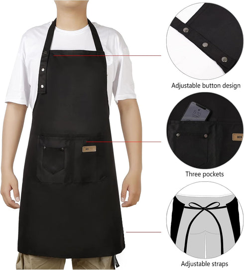 Adjustable Button Apron for Women Men, Artist Painting Pottery Garden Cooking Kitchen Chef with 3 Pockets