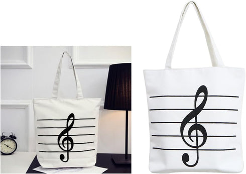 Music Notes Handbag Canvas Tote Bag, Reusable Grocery Bag for Women and Girls, White Shopping Bag Gift