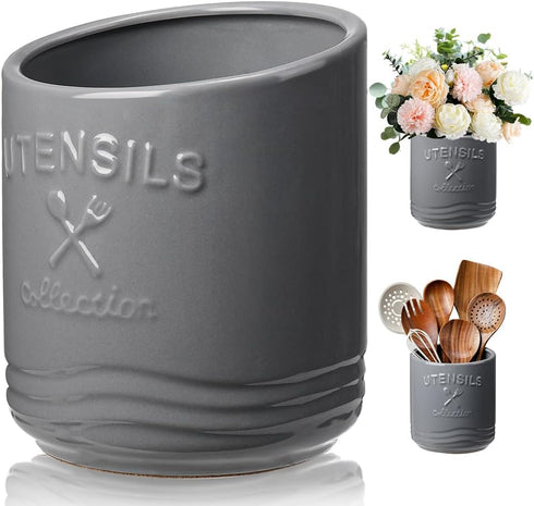 AISBUGUR Large Grey Ceramic Utensil Holder, 7.5" H×6.3" W with Non-Slip Cork Base for Kitchen Counter