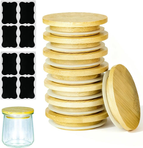 8 Pack Oui Yogurt Jar Lids with 8 Labels, Food-Grade Bamboo Lids