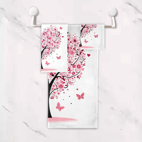 Set 3 Sets Pfrewn Pink Flowers Heart Tree Towels of Romantic Love Spring Trees Butterfly Bathroom Towel Soft Absorbent