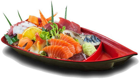 Happy Sales HSSB-10RB Sushi Boat Shape Plate - Sushi Sashimi Serving Plate Melamine Plastic Tray, 10 x 4.5 Inch (Red