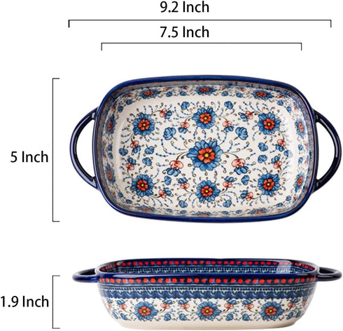 Blue and Orange Flower Vintage Style Ceramic Bakeware Casserole Dish Baking Pan Lasagna Pans with Handles for Oven/Cooking/Kitchen-1 PCS-22 OZ