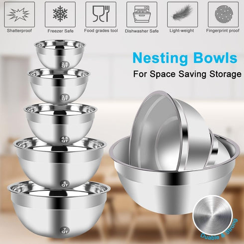 Hand Mixer Electric Mixing Bowls Set, 5 Speeds Handheld Mixer with 5 Nesting Stainless Steel Bowls, 200W