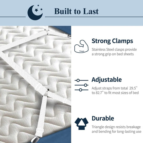 Sopito Adjustable Bed Sheet Straps, 2pcs/White, Max Stretch 29.5 in to 82.7 in, Non-Slip Holder Clips for Beds