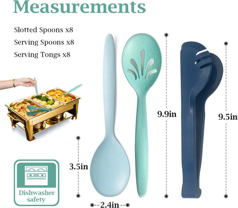 Reusable Plastic Serving Utensils Set of 24, Wheat straw Large Serving set 10" Serving Spoons/10" Slotted Spoons/9.4" Tongs, for Party Chafing Dish Buffet Catering (Ocean)