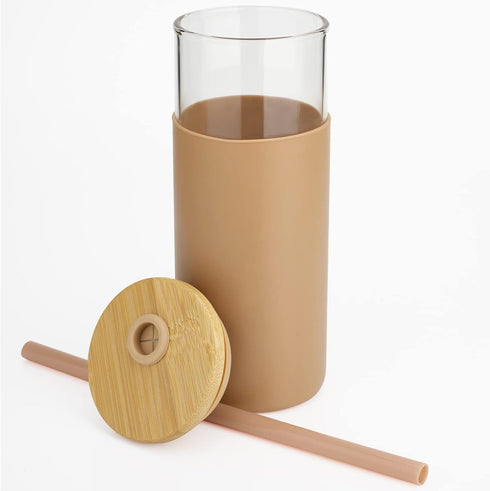 Tronco 20 oz Glass Tumbler with Lid & Straw - Iced Coffee & Smoothie Cup with Silicone Sleeve | BPA-Free, Amber