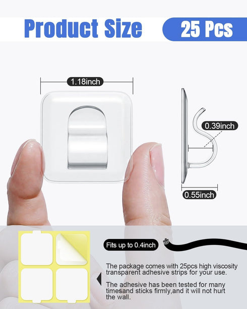 LZC 25 Pack Hooks for Outdoor String Lights Clips: Square Clear Large Heavy Duty Light Hook Waterproof Adhesive Strips