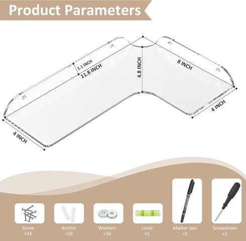 8x11.8 Inch Set 4, Sezanrpt Clear Corner Shelf Wall Mount of Acrylic Corner Floating Shelves, Wall Organizer Shelf