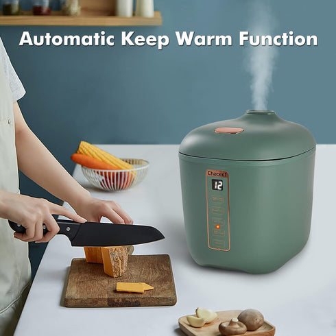 CHACEEF Mini Rice Cooker, 2-Cups Uncooked, 1.2L Portable Non-Stick Cooker with 24-Hour Timer & Food Steamer, Green