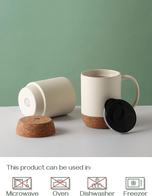 Set 2, 15 OZ DOWAN Coffee Mugs of Ceramic Mug with Cork Bottom and Splash Proof Lid, Large Coffee Cup with Handle