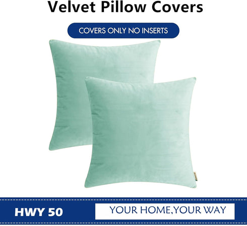 HWY 50 Aqua Green Velvet Throw Pillow Covers 20x20 Inch, Pack of 2 Soft Cozy Solid Decorative Cushion Cases for Couch