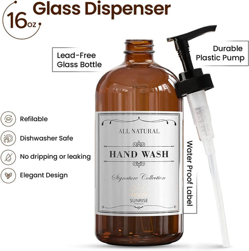16 OZ Thick Amber Glass Soap Dispenser with Plastic Pump, 2 Pack, Hand and Dish Soap Dispenser Set with Labels