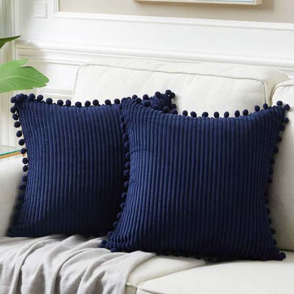 Fancy Homi Pack of 2 Decorative Throw Pillow Covers, Navy Blue Corduroy with Pom-poms, 18x18 Inch Cushion Case Set