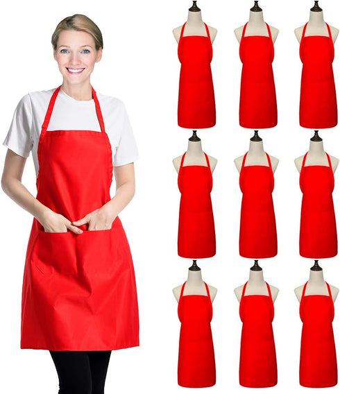 XEEYAYA 9 Pack Bib Christmas Red Apron for Women Girls Ladies with Pockets