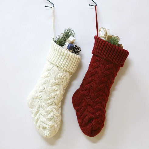 Set of 2 Crochet Knitted Christmas Stockings, Large 46CM Red White Cable Knit for Home Decor