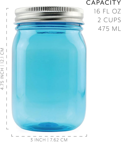 Cornucopia Brands 16oz Plastic Mason Jars, 8-Pack, Blue with Silver Metal Lids, BPA-Free, 2-Cup Capacity
