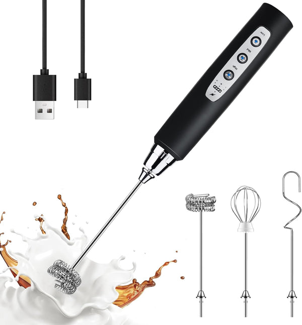 YUSWKO Black Handheld Milk Frother Wand, Rechargeable Electric Whisk with 3 Heads, 3 Speeds for Latte, Cappuccino, Egg