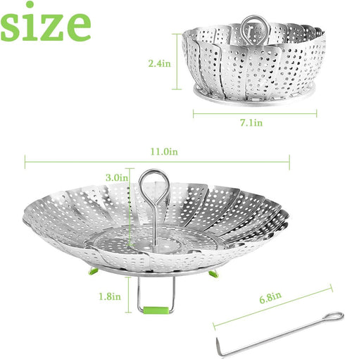 Steamer Basket Stainless Steel Vegetable Basket, Metal Handle Folding Silicone Feet Insert for Cooking Veggies