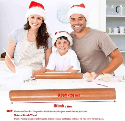 Wooden Rolling Pin for Baking - Professional Dough Roller, 15-3/4 Inch Beech Wood for Pizza and Cookies