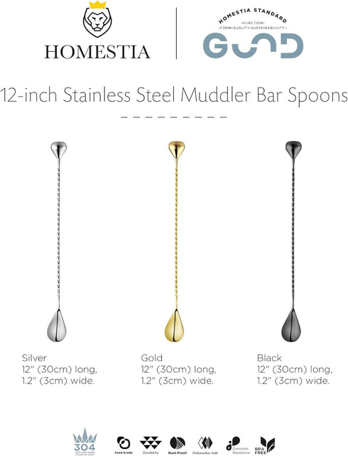 Homestia Bar Spoon Cocktail Mixing Stirrers for Drink, 12 Inches 304 Stainless Steel Spiral Long Handle, Bottom Weighted Solid Muddler Function, Silver
