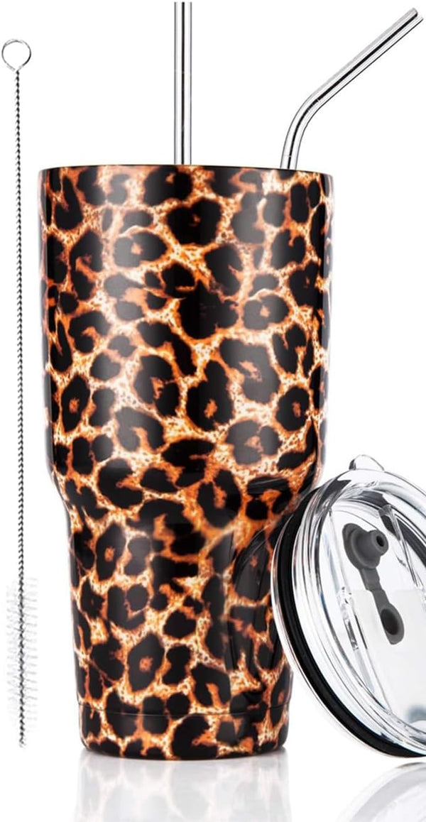 30oz Leopard Tumbler, Stainless Steel Insulated Travel Mug with Straw Lid and Cleaning Brush, 1 Count