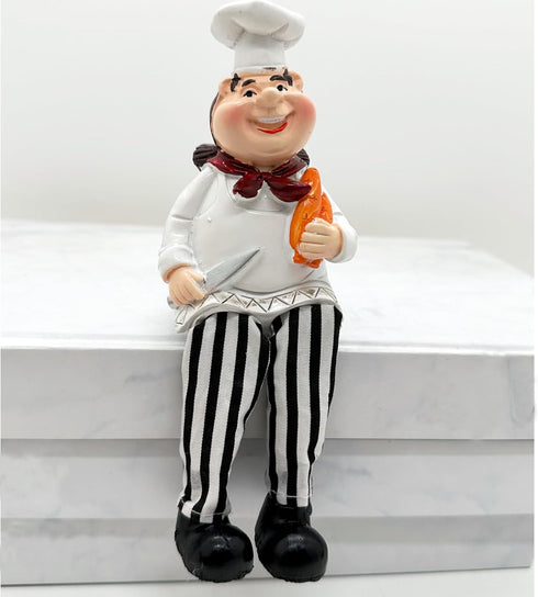 Set of 2 Home Kitchen Decor Chef Figurines Bread & Wine with Dangling Legs Shelf Sitters Figurine Statue for Kitchen Shelves, Cupboard, Countertop Display, Windowsill