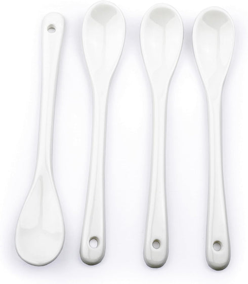 RSVP International Poached Egg Spoon, 4 Piece Set for Jam, Honey or Soft Boiled Eggs, 5.5" Length, White Porcelain