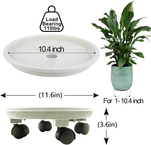 10 Inch 10.4" 110 Lbs, 2 Pack Plant Caddy with Wheels & Water Container, Round Plant Tray with Water Drawer, Rolling