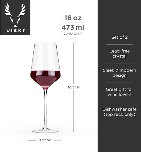 Viski Raye Angled Crystal Bordeaux Wine Glasses - Set of 2, 16oz Premium Crystal Clear Red Wine Gift Set