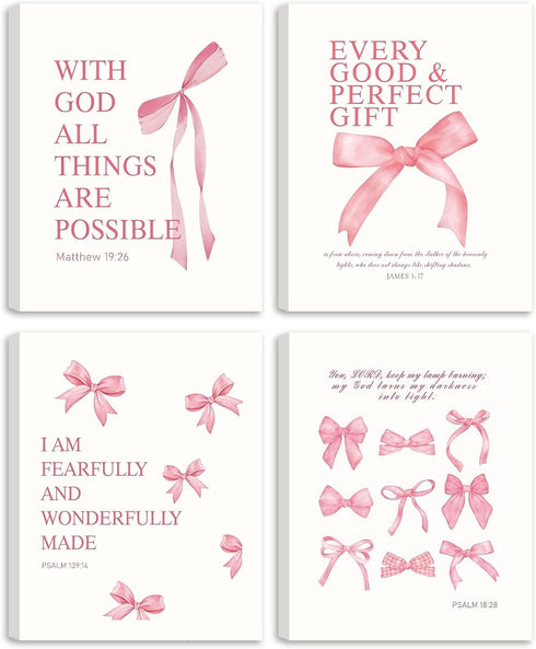 SEHSUVC Coquette Pink Bow Bible Verse Wall Art Set of 4, Christian Scripture