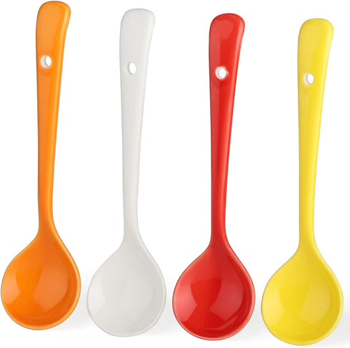 Set of 4 Ceramic Dessert Spoons, Long Handle Korean Porcelain Spoons for Appetizers, Cereal, and Dessert (Multi-color)