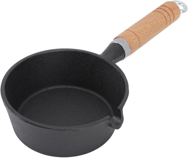 Mini Egg Frying Pan Cast Iron Omelette Skillet with Wooden Handle, Pre-Seasoned for Indoor Outdoor Cooking (13x5cm).