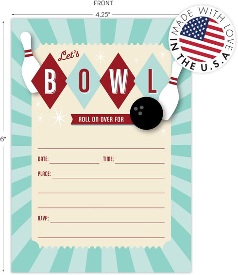 Koko Paper Co Bowling Themed Invitations, Set of 25 Fill In Style Cards for Kids Birthday or Bowling Parties