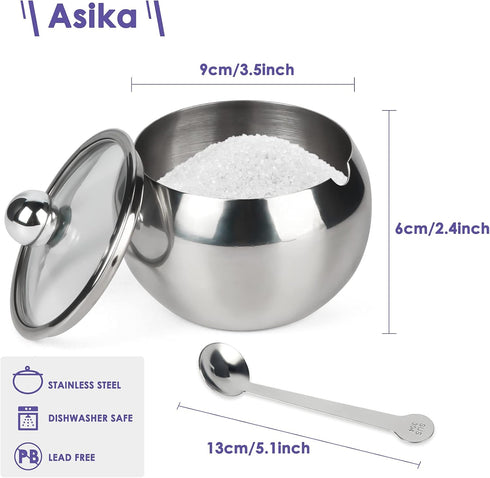 asika Stainless Steel Sugar Bowl with Clear Lid and Spoon, Drum Shape Small Condiment Container for Home, 8.1 Ounces