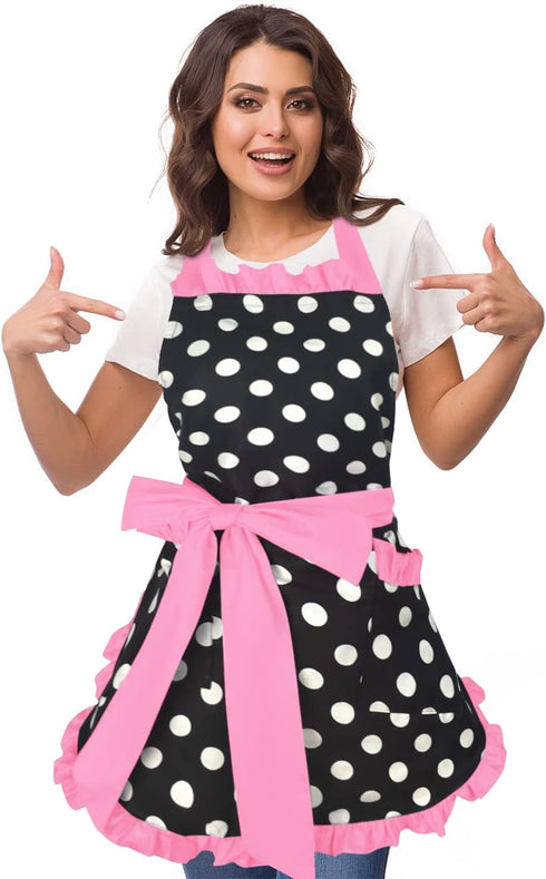 Violet Mist Vintage Apron for Women, Pink Polka Dot Retro Stylish with Pockets, Adjustable Neck Strap