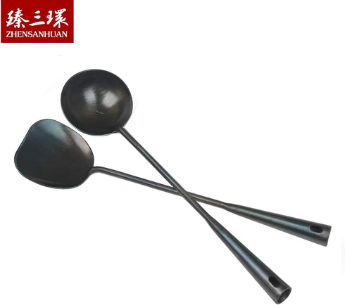 ZhenSanHuan Hand Hammered Carbon Steel Spatula, Long Handle Wok Tool