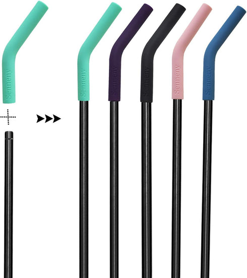 Senneny Set of 5 Stainless Steel Straws with 2 Cleaning Brushes, 1 Portable Bag, Silicone Flex Tips Elbows Cover