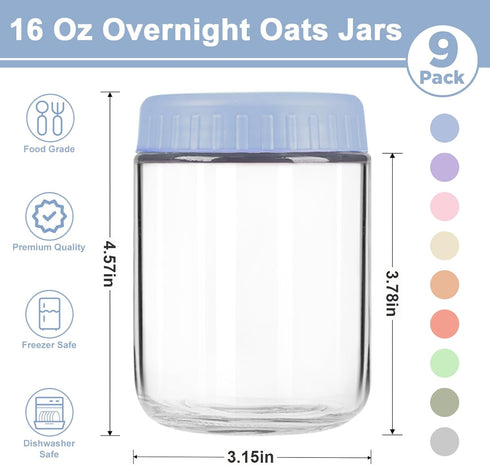 16oz 9 Pack Overnight Oats Containers with Lids, Wide Mouth Mason Jars with Lids, Glass Jars with Airtight lid for Chia