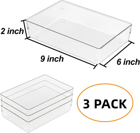 Clear Drawer Organizer Bins Set, 3pc Transparent Rectangle Trays for Bathroom Makeup Vanity and Office Desk Storage