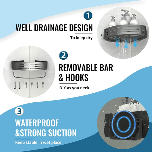 Onemake Corner Shower Caddy Suction Cup, Aluminum Wall Mounted Organizer Shelves Storage Rack with Towel Bar for Small