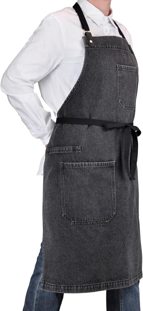 '-2) Denim Apron with Pockets, Professional for Mens Womens Chef Kitchen Cooking Grill BBQ Painting Baking, Black Bib