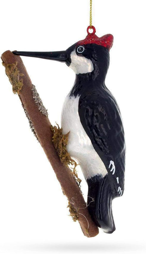 Woodpecker Perched on a Branch Glass Ornament for Christmas