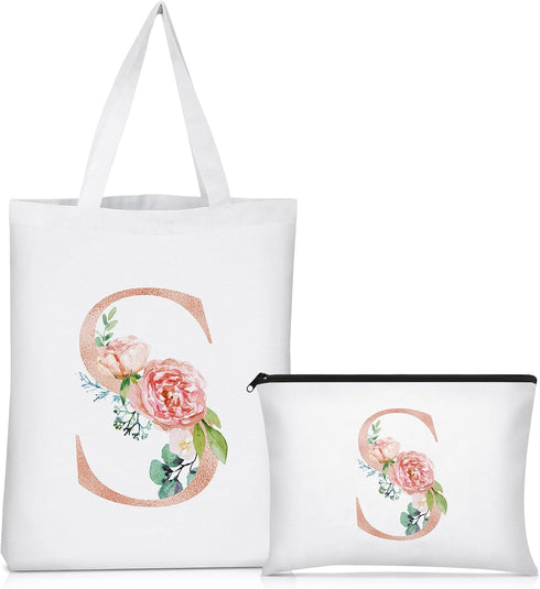 Sanwuta 2 Pcs Floral Letter Initial Canvas Tote Bags, Monogrammed Travel Cosmetic Bags for Woman Wedding Gift